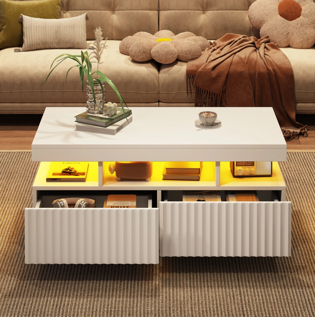 Tavolino da caffè 100x50x45 cm con 2 cassetti; luce LED controllata da app; truciolare; bianco