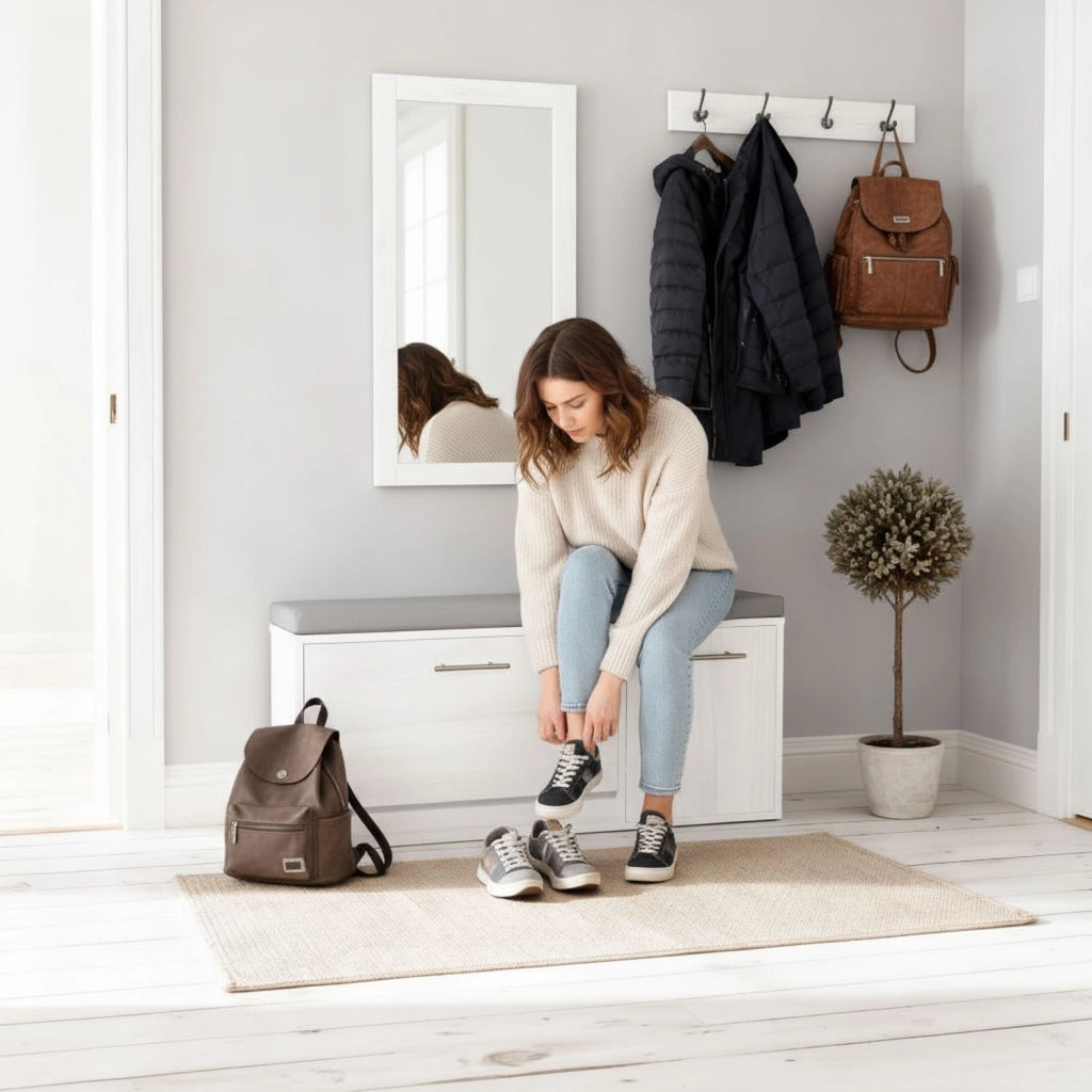 Marvin Scarpiera Panca da Ingresso con Anta Contenitore – Portascarpe Salvaspazio in Legno con Bianco / Cuscino Grigio