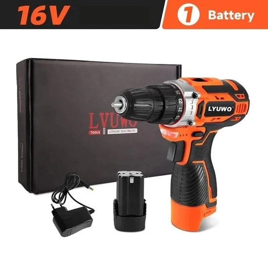 Accuboormatrice 20V 40N M 25 Plus 1 con Chuck senza chiave, due leve di velocità e batteria.