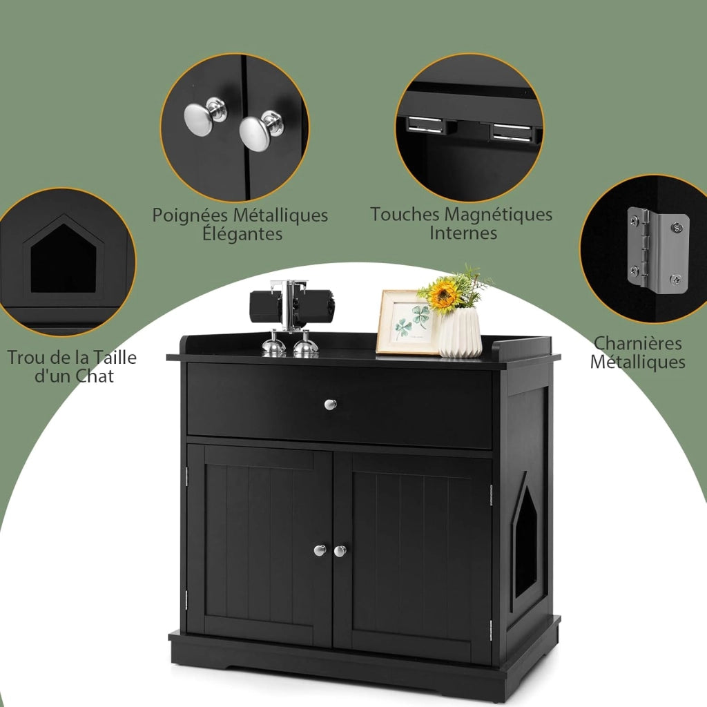 Mobile Lettiera per Gatti con 2 Ante e Cassetto, Armadio per Gatto in Legno con Ingresso Laterale, Grotta Rifugio Multiuso per Soggiorno, Camera da Letto e Ingresso, 76 x 53 x 74 cm (Nero)
