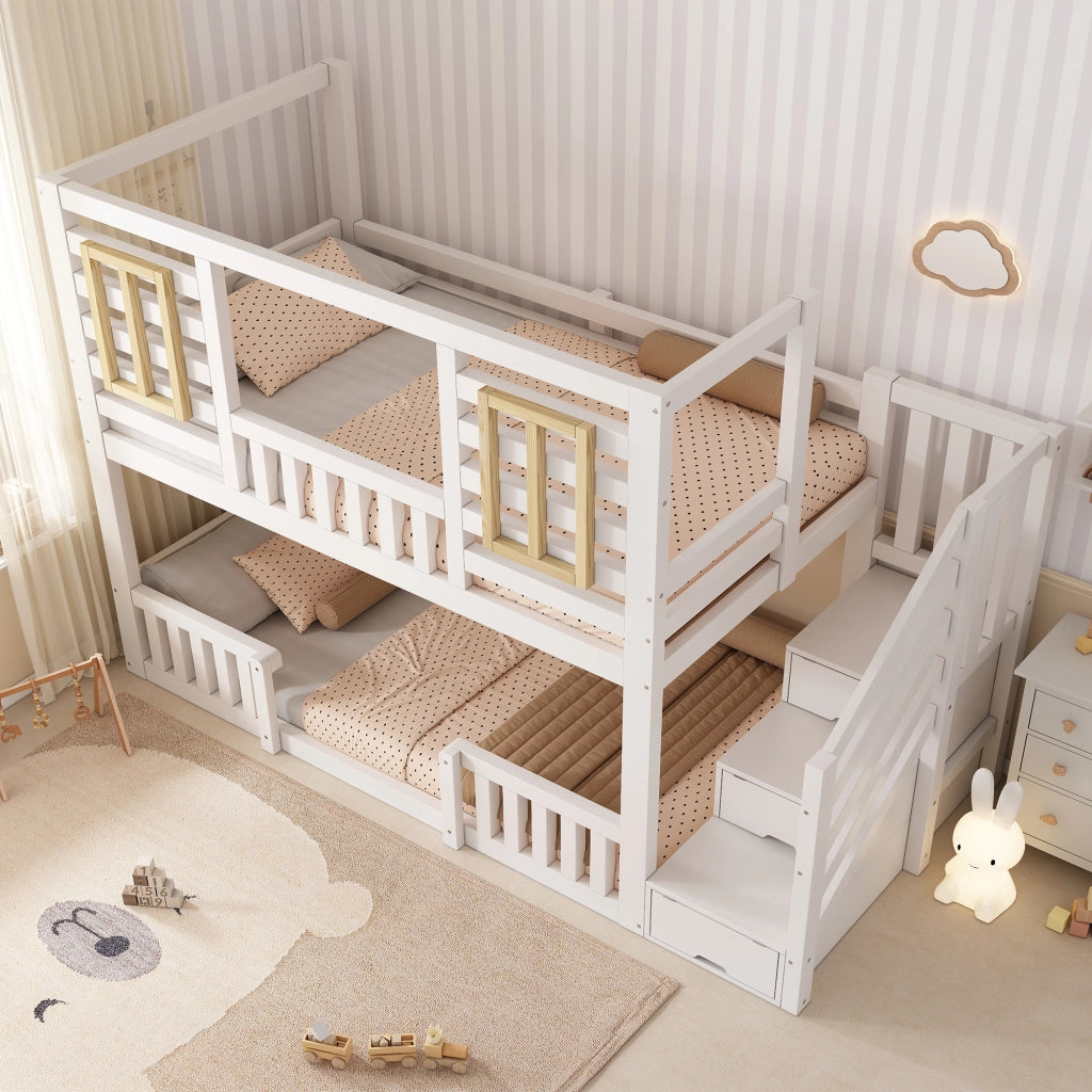 Letto a castello per bambini 90 × 200 cm con scala contenitore e finestre, senza materasso, in legno, bianco