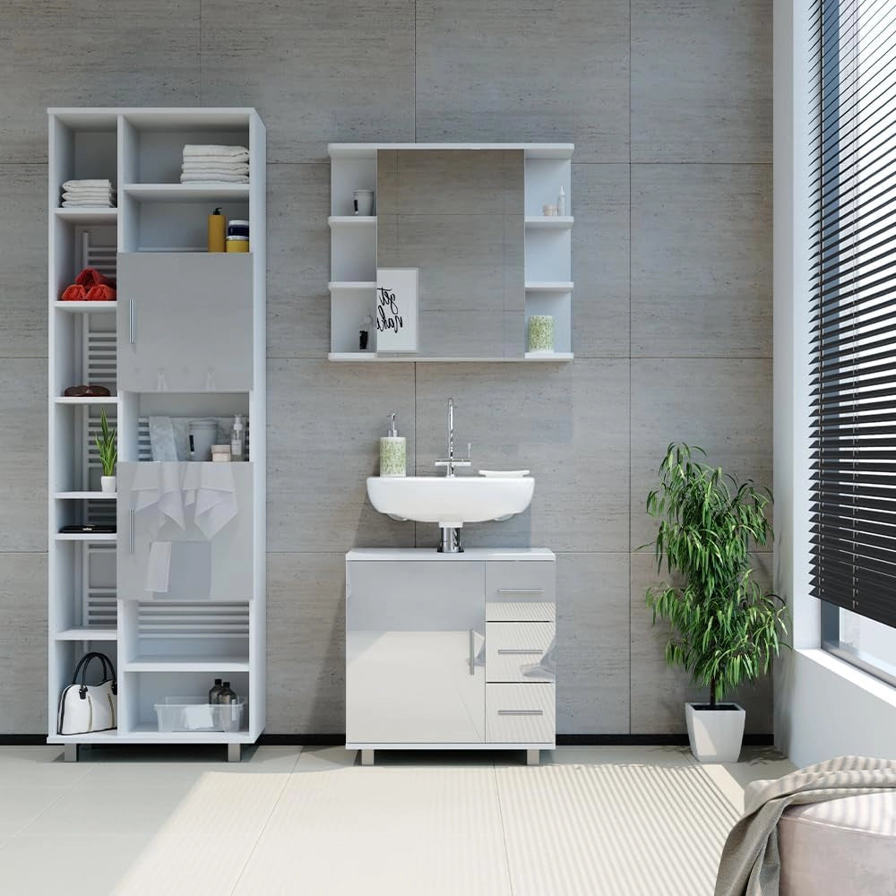 Mobile bagno alto Ilias, Bianco lucido, 60 x 190 cm, con ripiani regolabili per una conservazione ordinata