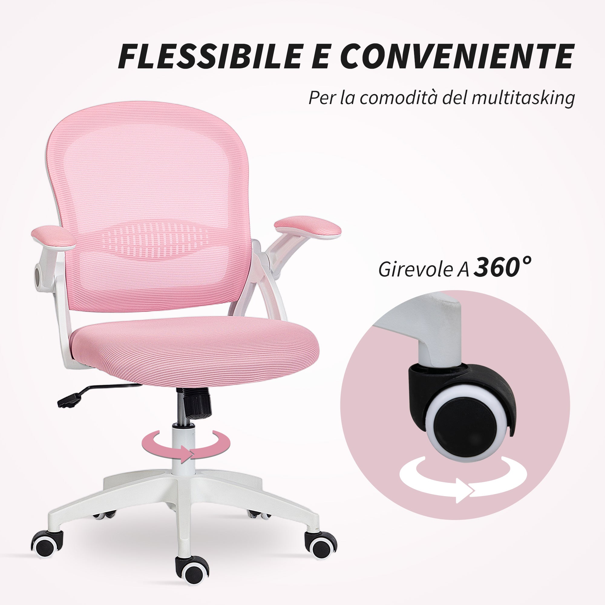 Sedia da Ufficio Ergonomica e Regolabile 65.5x61.5x88-97.5 cm con Schienale a Rete e Seduta Imbottita Rosa
