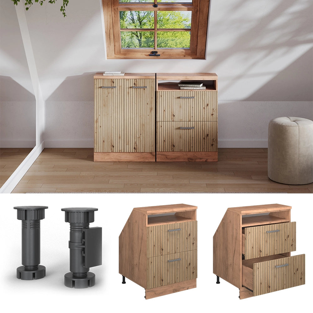 Mobile sottotetto Rion Rovere artigianale/Rovere dorato 60 x 83.8 cm con 2 cassetti, carcassa 60 cm profondità Vicco