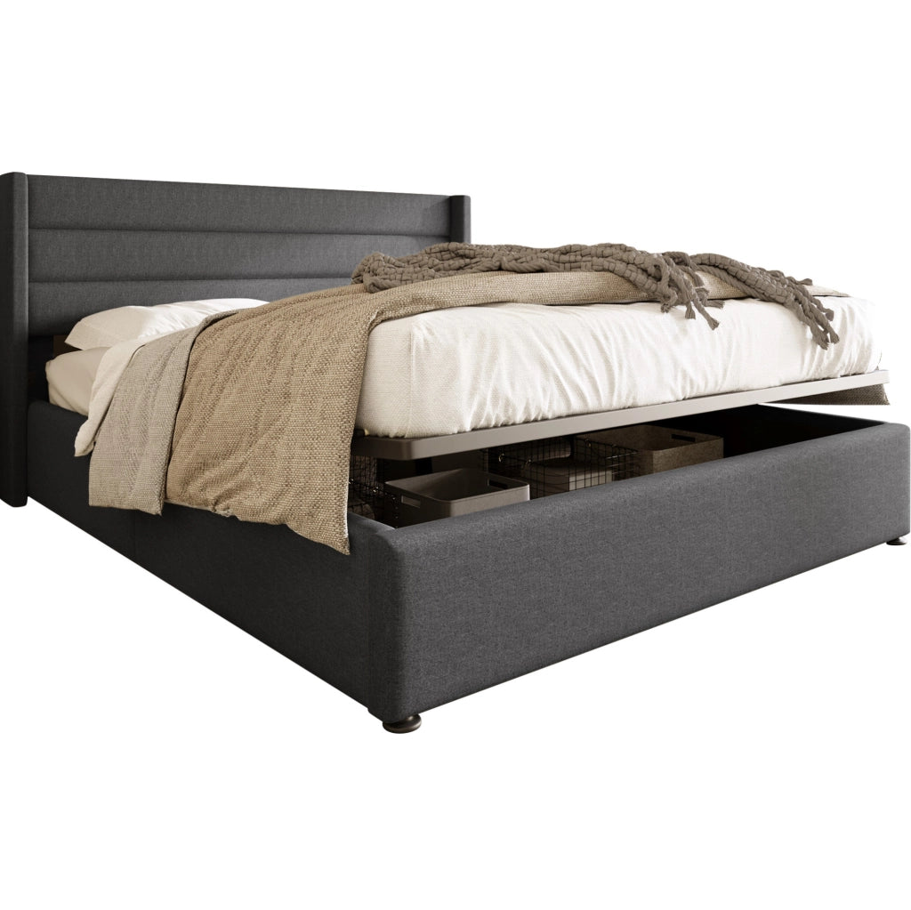 Letto imbottito 214.5x193.5x114 cm con contenitore e rete sollevabile in lino grigio