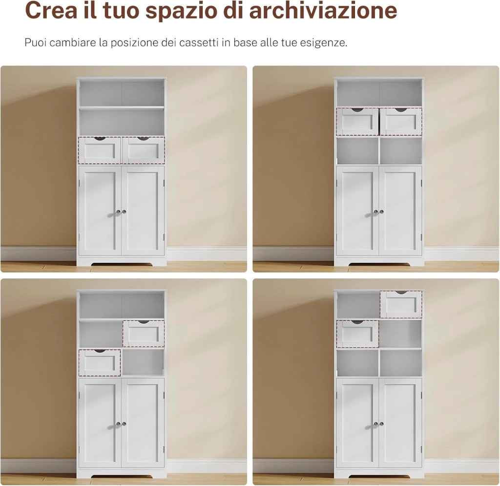 125cm Mobile Bagno, Mobiletto Salvaspazio con 2 Cassetti & Mensola Regolabile, Cassettiera per Bagno, Soggiorno, Ingresso, 60x30x125 cm, Bianco