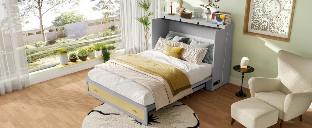 DESMIU Letto combinato 2 posti con cassetto, USB e presa, 140 × 200 cm, senza materasso, MDF, grigio