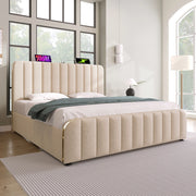 LETTO matrimoniale contenitore 140x200 cm beige in lino con USB e Type-C