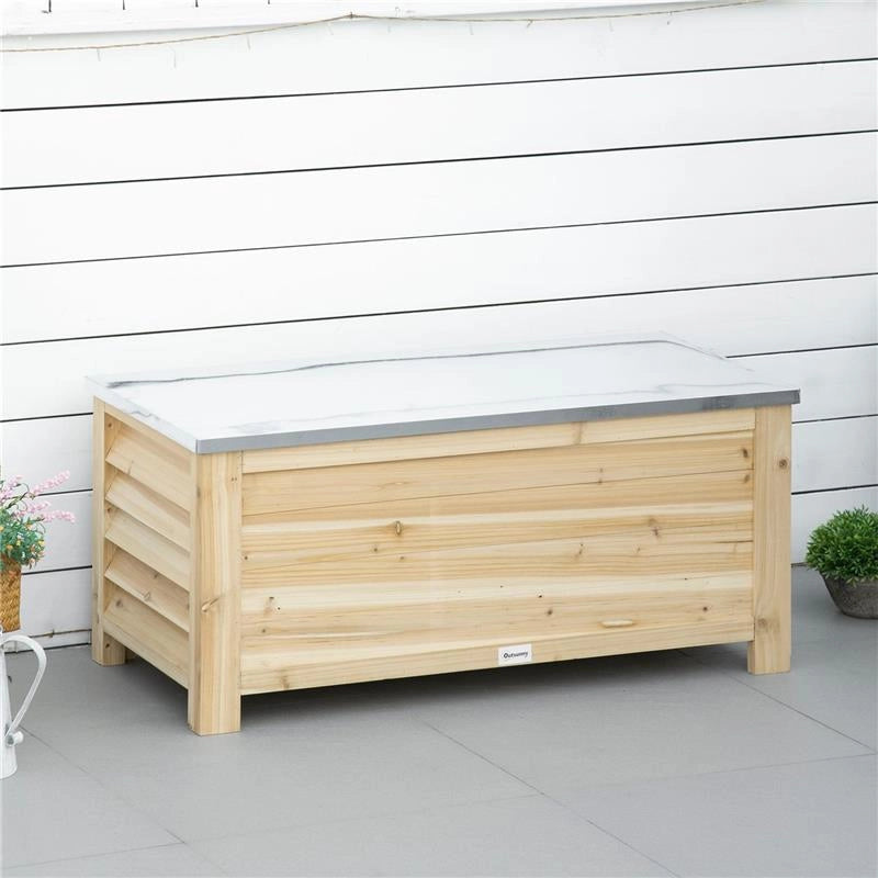 BAULE DA ESTERNO DA 155L IN LEGNO CON COPERCHIO IN METALLO E 2 AMMORTIZZATORI, 110X50X50 CM, COLOR LEGNO