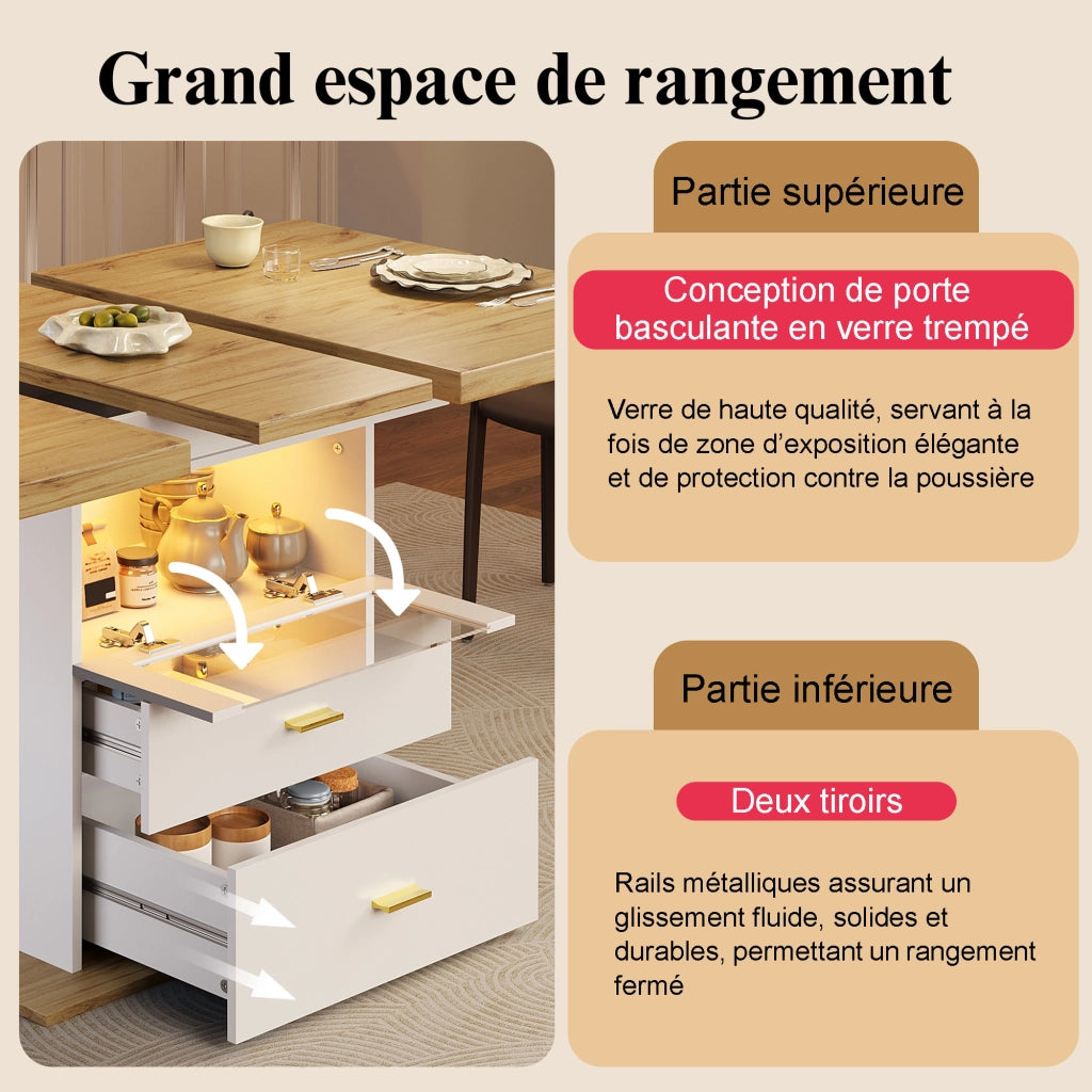 Tavolo da pranzo allungabile con led; vano contenitore integrato; 2 cassetti e 1 vano vetrato per cucina e sala da pranzo