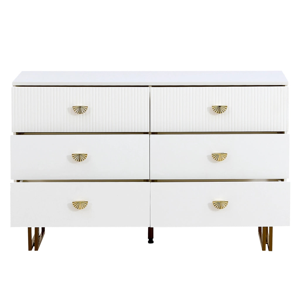 Set credenza bianca in MDF con 6 cassetti e specchio da parete 80x80 cm; dettagli dorati