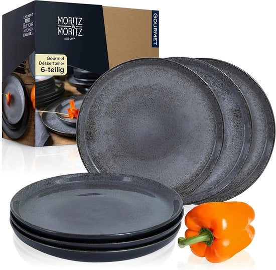 Set di 6 piatti dessert in antracite - Resistenti a lavastoviglie e forno a microonde, porcellana