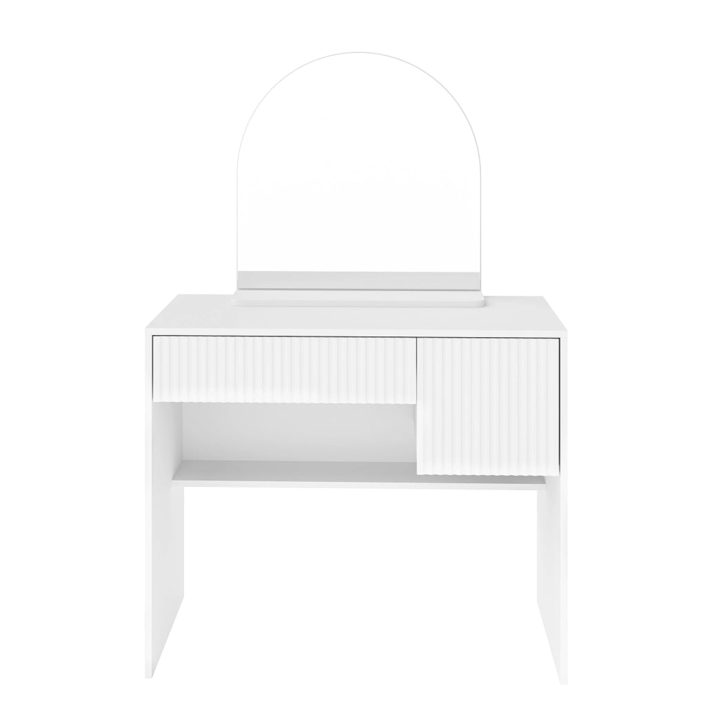Toeletta con specchio arcuato 2 cassetti con divisori e ripiano inferiore in MDF bianco per camera da letto