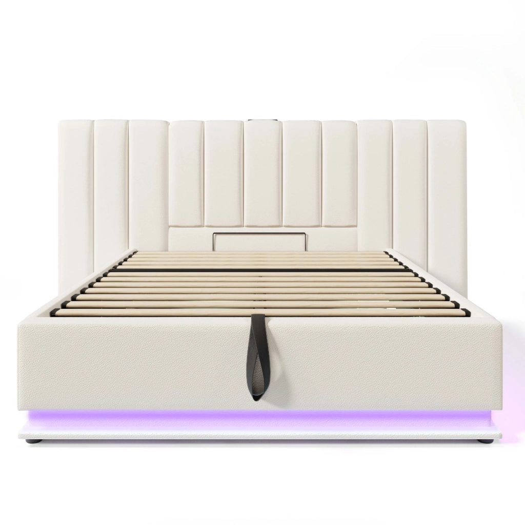 Letto matrimoniale contenitore 180x200 cm in PU bianco con LED 360掳; USB e tipo C