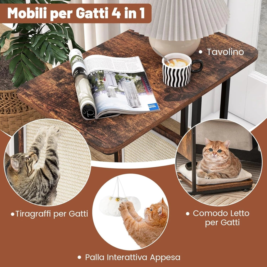 Tavolino da Salotto, Tavolino Multisuo con Tiragraffi, Cuscino Rimovibile Lavabile e Giocattolo Appeso, Mobili Moderni per Soggiorno e Camera da Letto, Marrone Rustico
