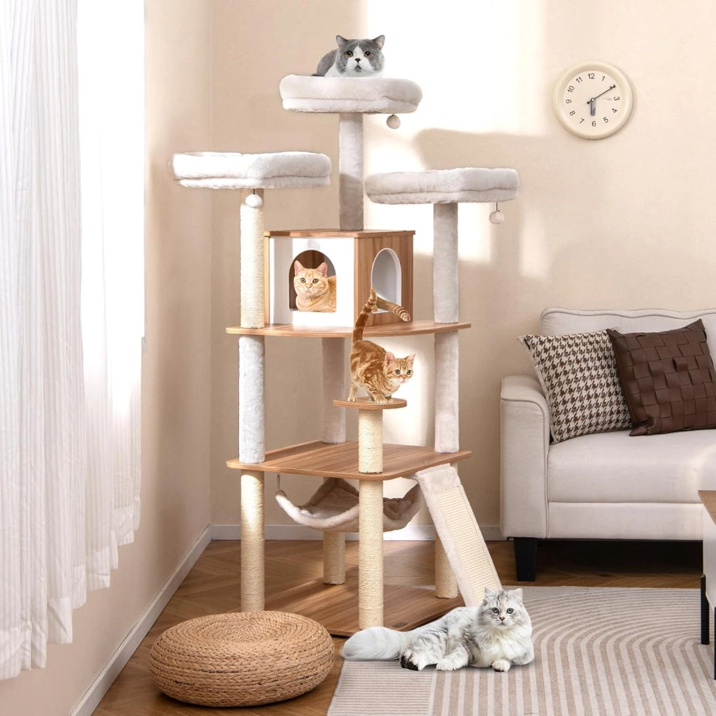 Tiragraffi per Gatti 168 cm, Albero per Animali Domestici con 3 Piattaforme, Condo, Tiragraffi in Sisal, Scala e Palline Appesse, Mobile da Arrampicata con Multi Livelli
