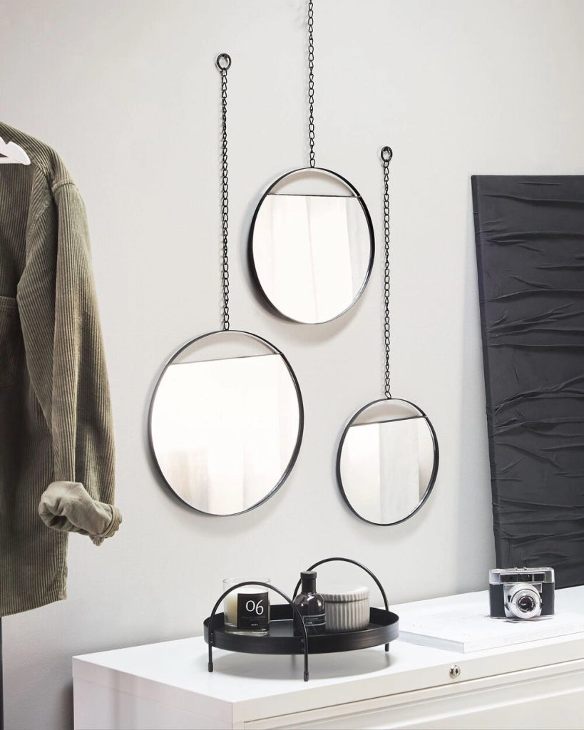 Set di 3 specchi da parete in metallo Nero con catene rotonde di varie dimensioni elemento decorativo design moderno