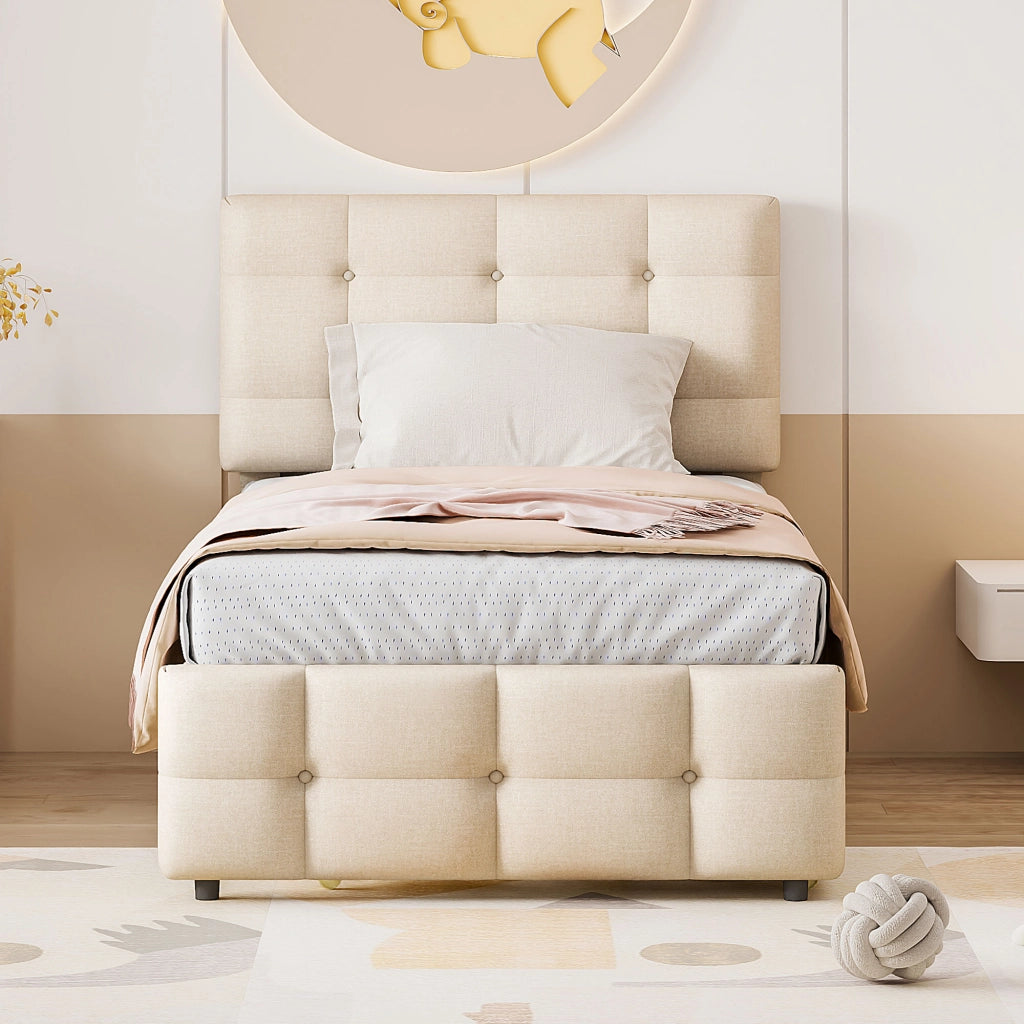 Letto Singolo Imbottito Estraibile ¨C MINIMAL ¨C Testiera Regolabile, Tessuto Beige, 90x200