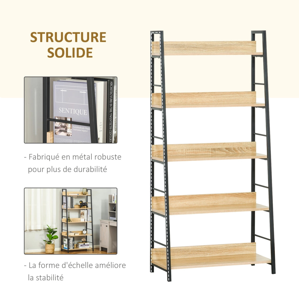 Libreria Industriale Inclinata 5 Livelli ¨C zephmum ¨C Rovere Chiaro Nero 70x35x150 cm