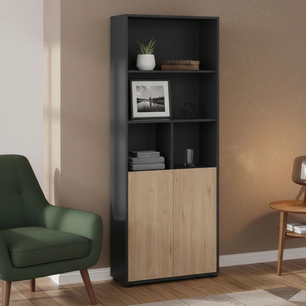 Libreria Arancio, Scaffale da ufficio, Mobile portalibri, Biblioteca, 80x34 h205 cm, Rovere e Grigio