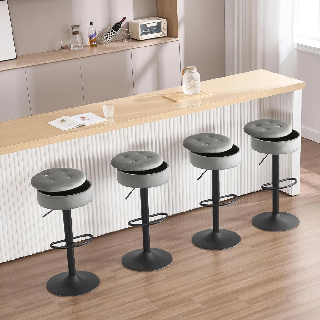 Set di 4 Sgabelli da Cucina, Sgabelli da Bar Alti con Spazio Contenitivo, Sedia Regolabili in Altezza e Girevoli a 360°, per Cucina Sala da Pranzo Bar Bancone, Velluto, Metallo, Grigio Chiaro