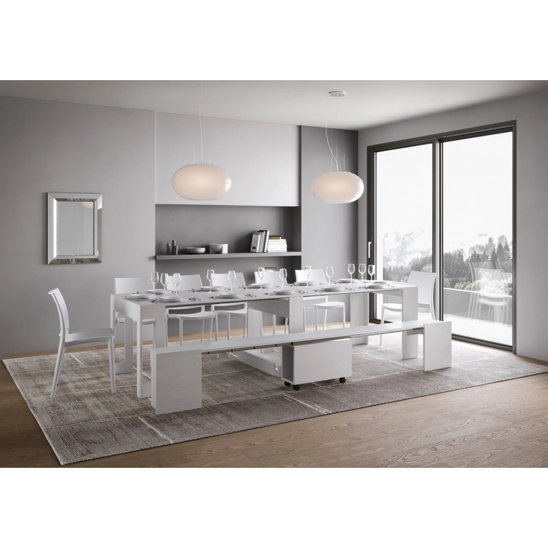 Consolle allungabile 90x42/302 Evolve con Panca inferiore 72x26/300 - Bianco Frassino