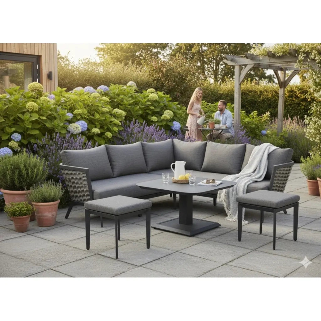Salotto da giardino VENTARO 7 posti in alluminio grigio con divano ad angolo, tavolo regolabile e pouf