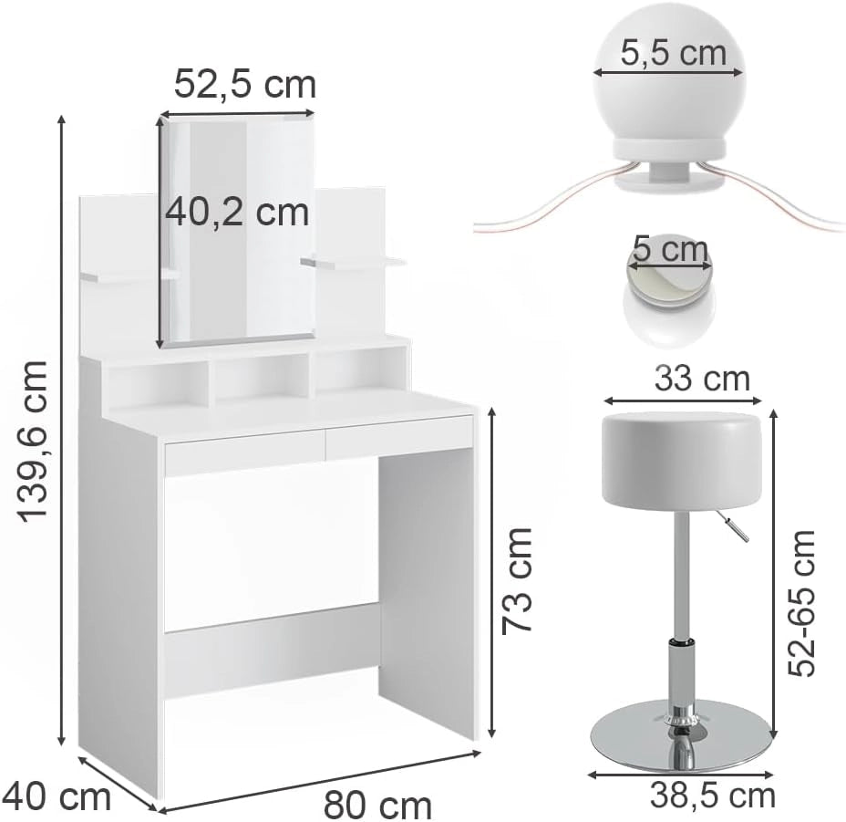 Tavolo da toeletta Ania, Bianco, 80 cm con illuminazione LED e sgabello, Salvaspazio e funzionale allo stesso tempo
