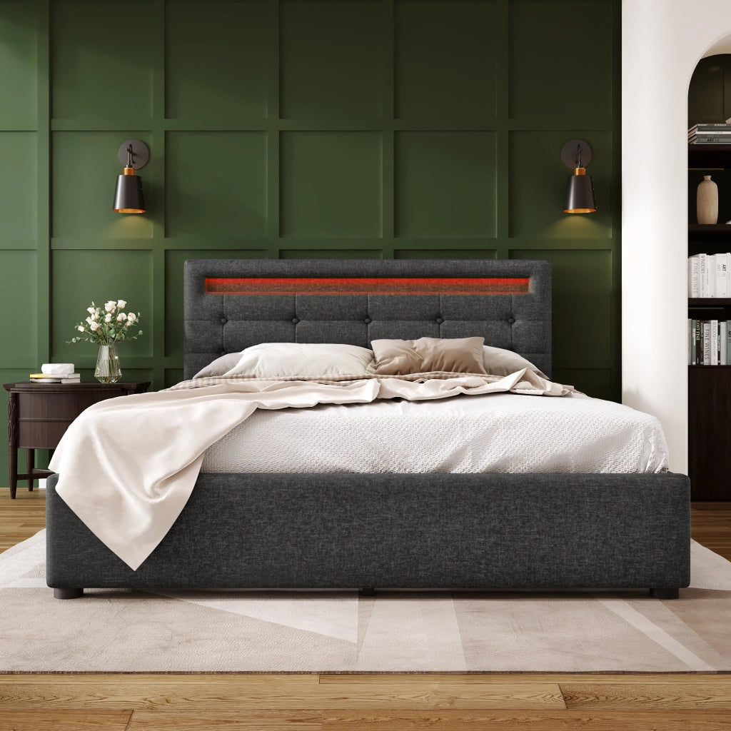 LETTO imbottito con LED e 4 cassetti 140x200 cm grigio