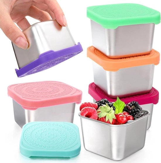 Set di contenitori per snack in acciaio inossidabile 6 pezzi con coperchi in silicone impermeabili - Scatola per picnic facile da aprire - Contenitori per alimenti duraturi