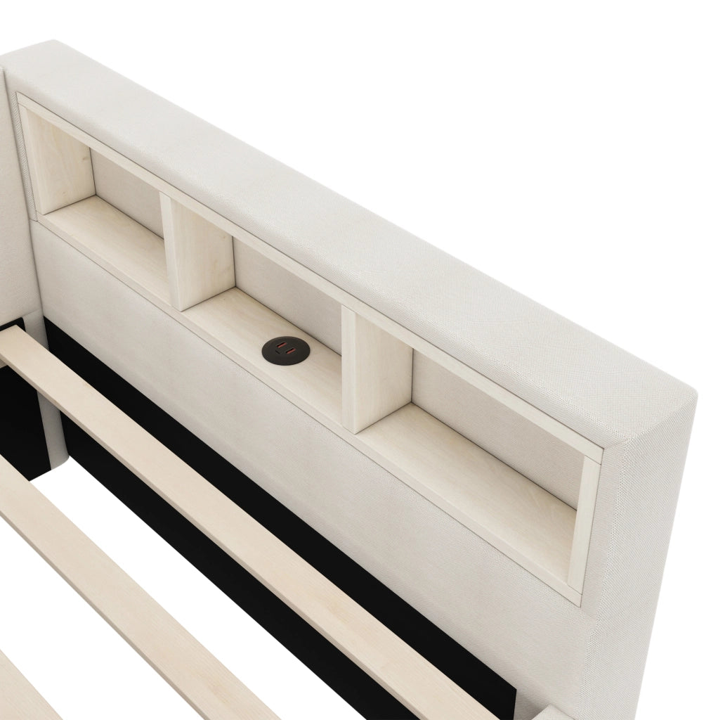 Letto singolo 90x200 cm; LED con USB e Tipo C; 2 cassetti e vani; lino e MDF beige (Senza materasso)