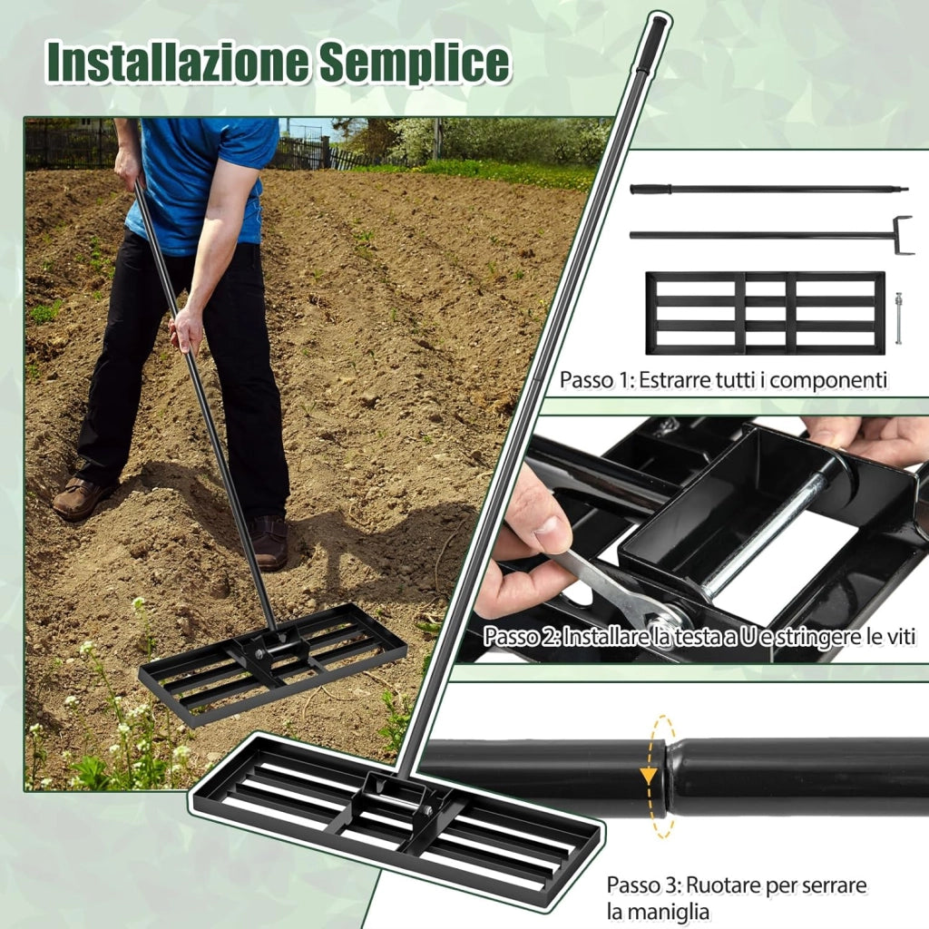 Rastrello Livellatore per Prato, Attrezzo per la Livellatura del Prato con Manico Ergonomico, Livellatrice per Giardino, Cortile, Campo da Golf, Fattoria e Pascolo (Nero 75 x 25 cm)