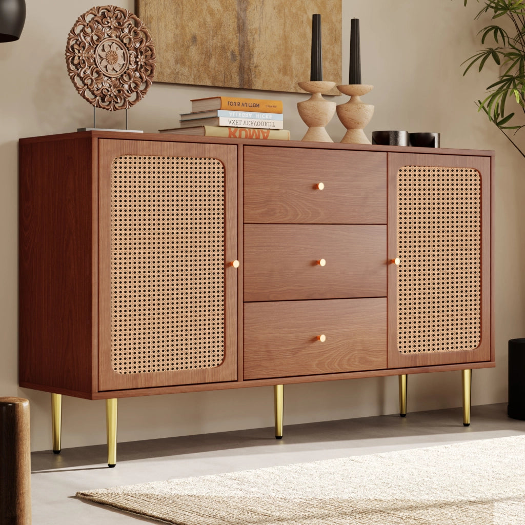 Cassettiera con 2 Ante e 3 Cassetti; Ripiano Regolabile; Stile Vintage; in Legno e Metallo; 150×40×90 cm; Noce