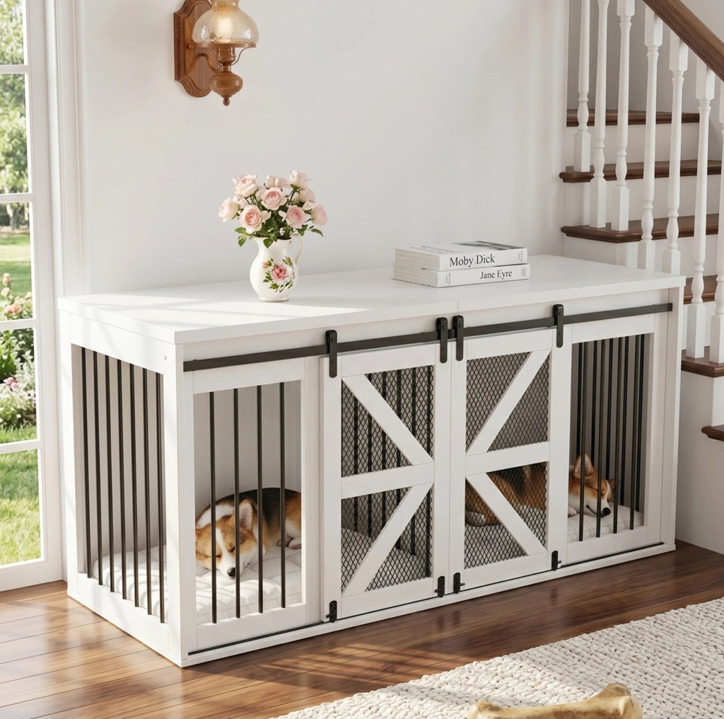 CUCCIA PER CANI Doppio Spazio 160x60x75 cm MDF e Metallo Bianca