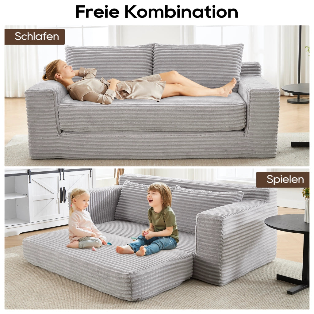 Divano letto compatto 2 in 1 in tessuto a coste grigio chiaro con schiuma memory