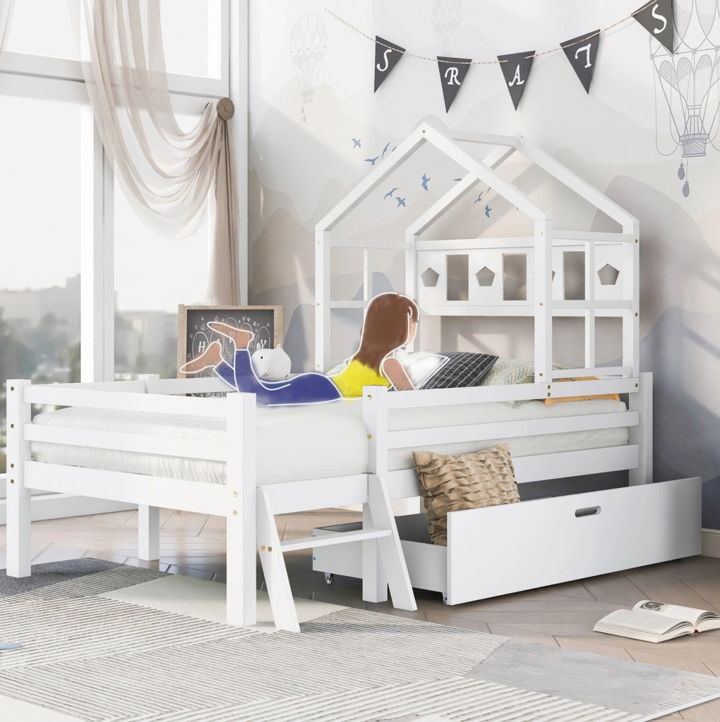 Letto a soppalco per bambini 90x200 cm in legno di pino bianco con scala e cassetto