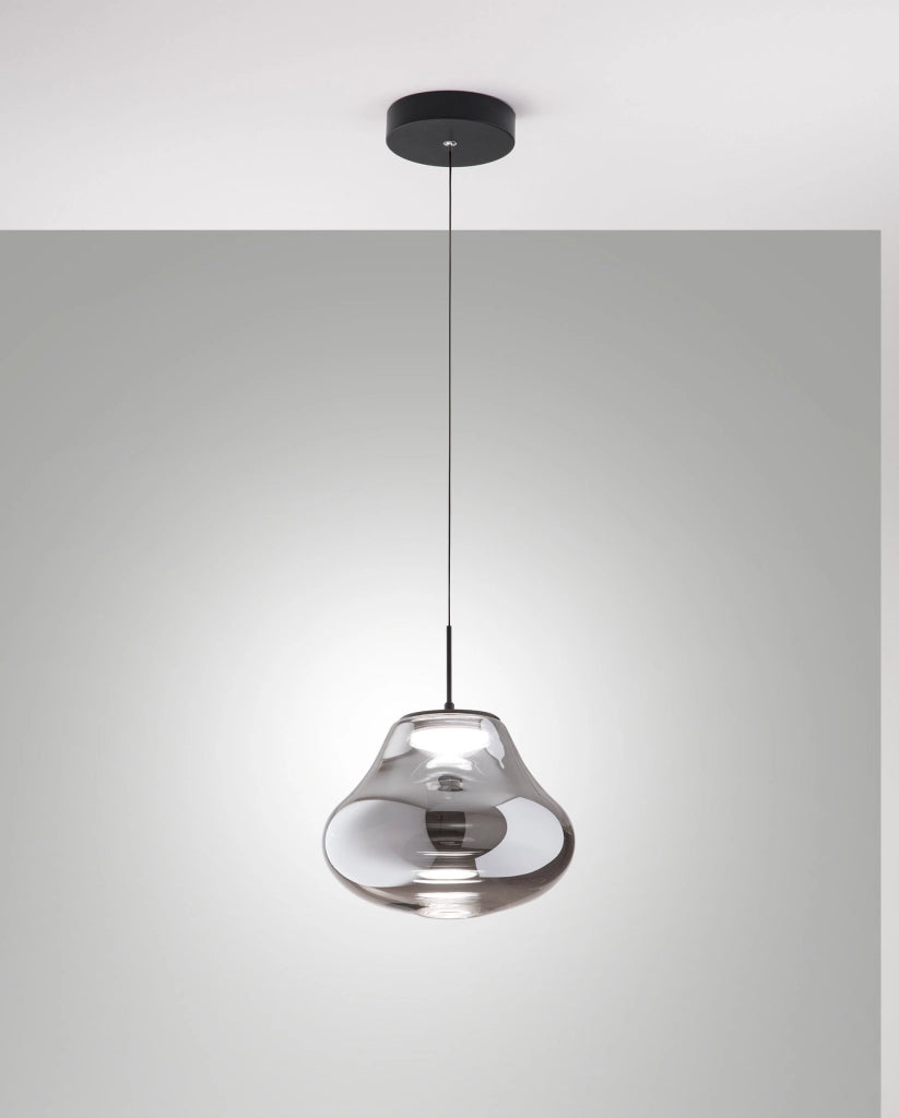 Lampada a Sospensione Deva Ø250mm Fumé, LED 14W 1510lm CCT Dimmerabile, Struttura in Metallo e Vetro Borosilicato - Deva