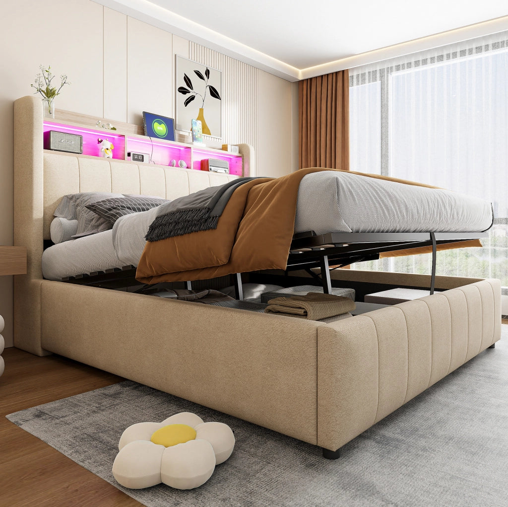 Letto imbottito ULEVR 140x200 cm con contenitore idraulico, LED, USB e Type-C, testiera con ripiani, beige