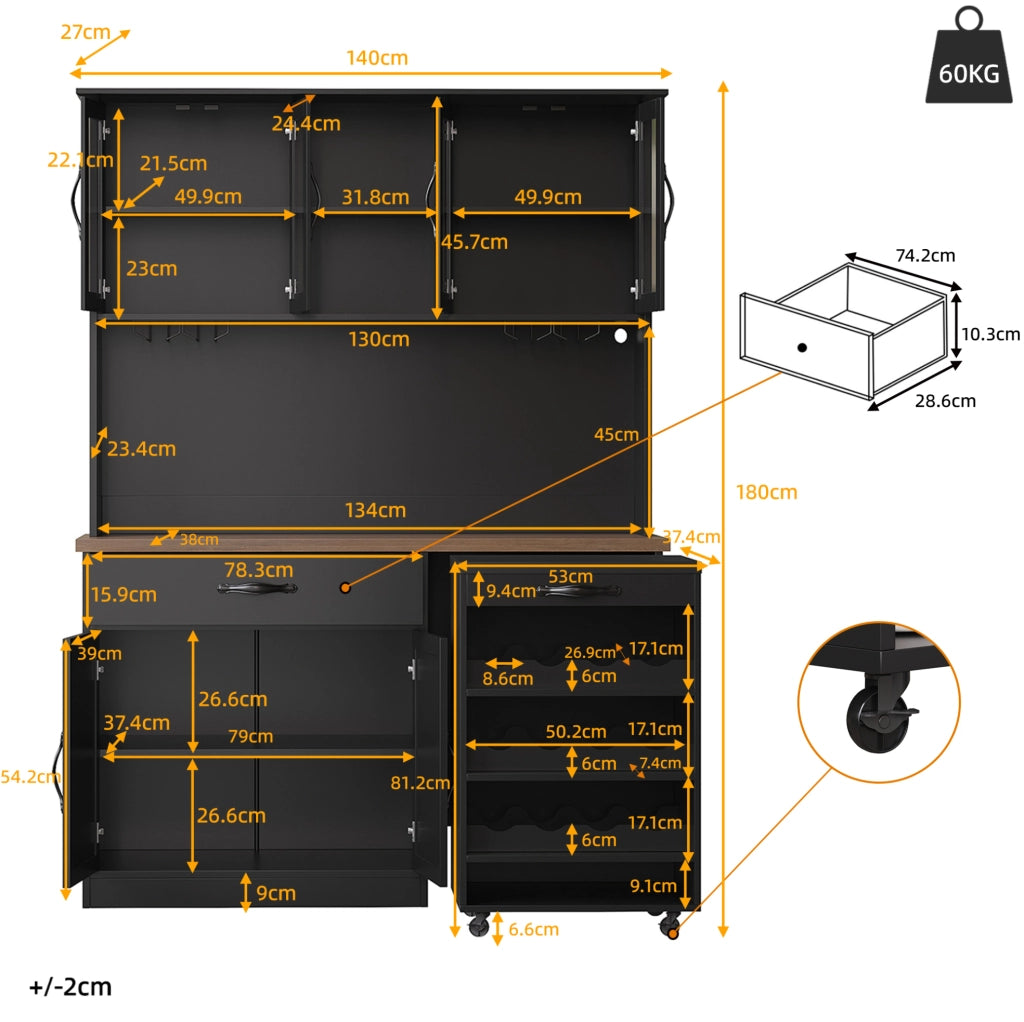 Credenza 140x38x180 cm con carrello estraibile e illuminazione LED dimmerabile; MDF nera