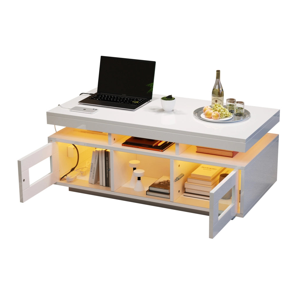 Tavolino da caffè 100x50x43 cm bianco lucido con LED; presa EU; USB e contenitore