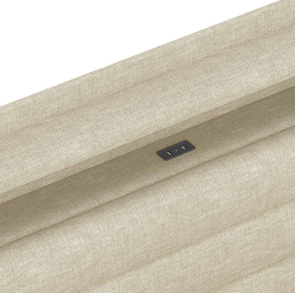 Letto imbottito 140x200 cm con contenitore idraulico; LED; USB e Type-C; in lino beige