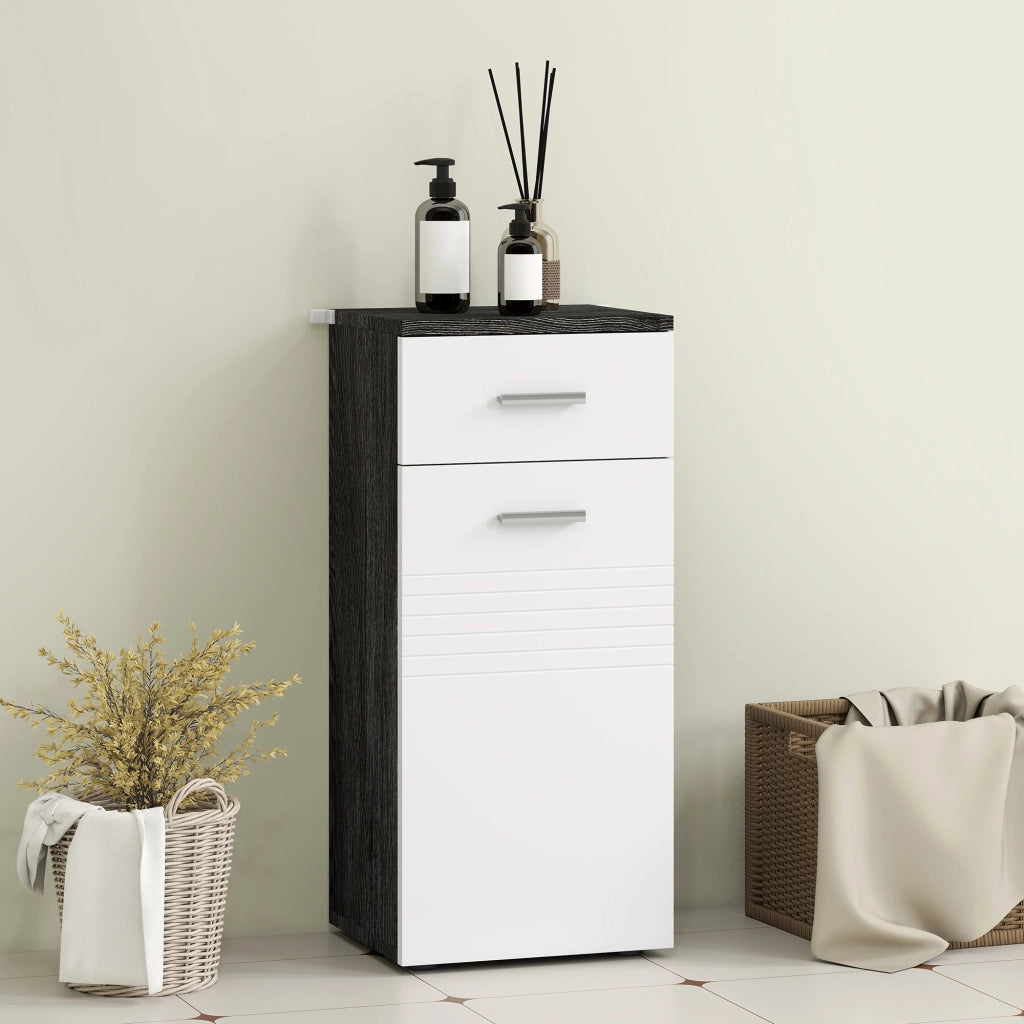 Mobile Bagno con Cassetto e Armadietto in Legno, 35x30x77.5cm, Bianco e Nero