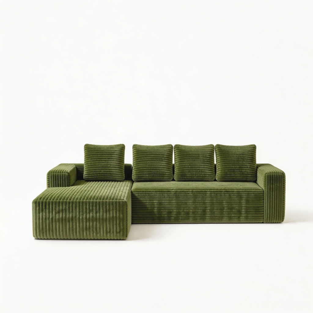 Divano modulare con chaise longue e seduta profonda; in velluto a coste verde 261×168×58 cm