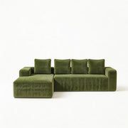 Divano modulare con chaise longue e seduta profonda; in velluto a coste verde 261×168×58 cm