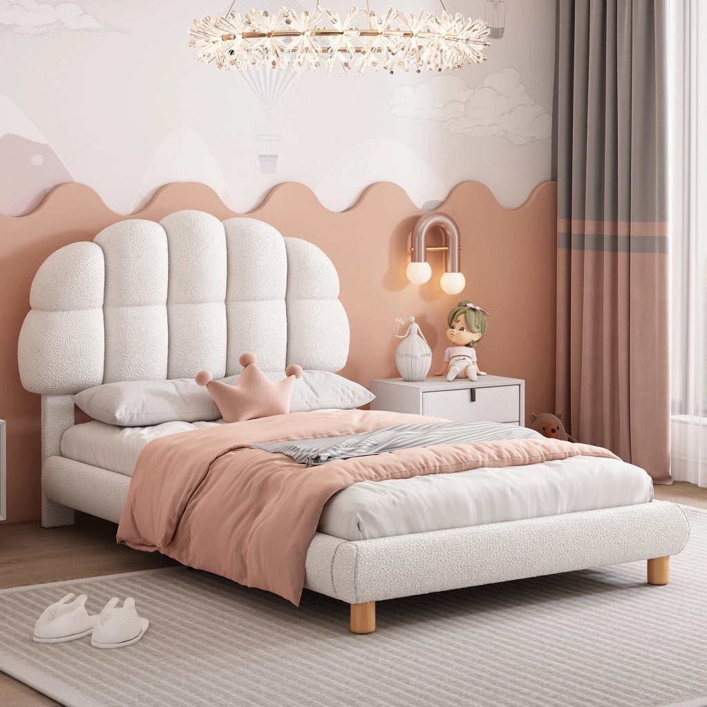 Letto singolo imbottito 90x200 cm in bouclé e MDF; testiera regolabile