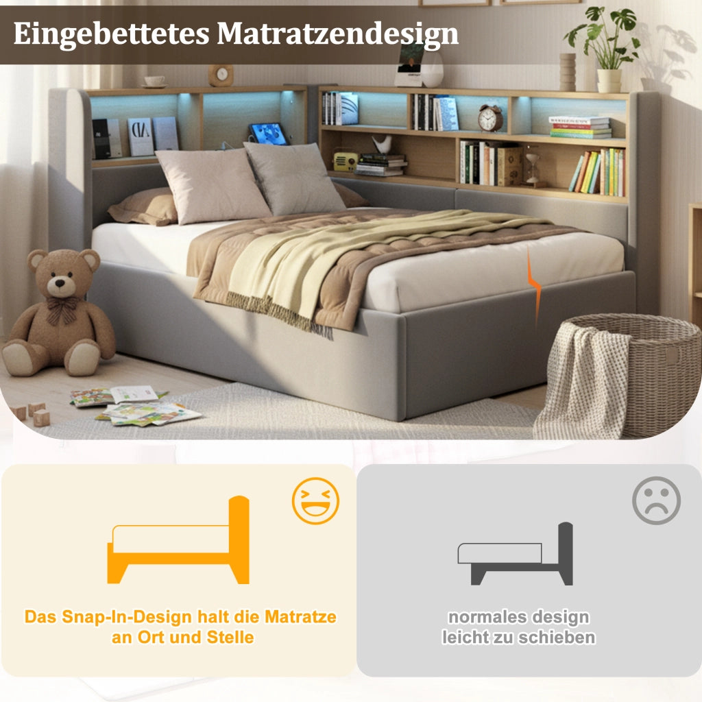 DESMIU Letto divano 90 × 200 cm 1 piazza con contenitore idraulico, LED, USB e Type-C, senza materasso, in velluto, grigio