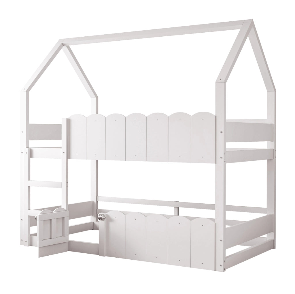 Letto a castello ULEVR 90x200 cm a forma di casa con scala frontale e sponde di sicurezza, bianco