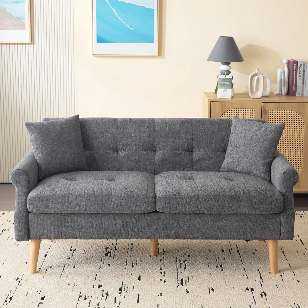 OKWISH Divano 2 Posti con Cuscini, Seduta Spessa 15 cm e Braccioli Ergonomici, Ciniglia Grigio, 162 x 74 x 77 cm