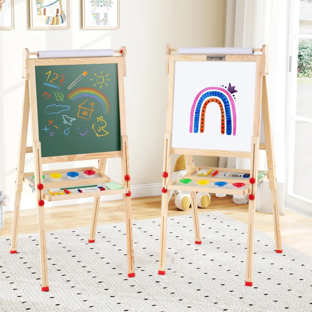 3 in 1 Cavalletto per Bambini, Cavalletto Artistico in Legno con Doppia Faccia Magnetico, Lavagna Bianca, Lavagna Nera e Rotolo di Carta, Pieghevole e Altezza Regolabile