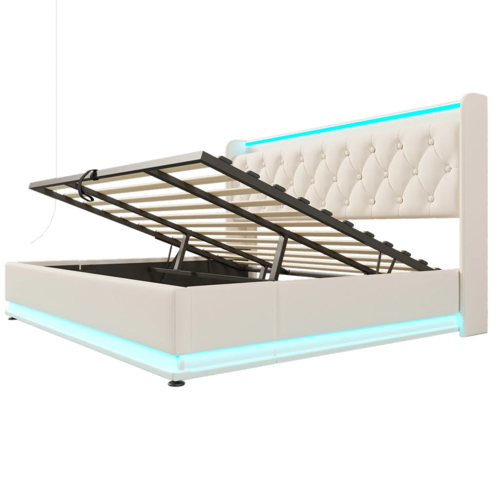 Letto Matrimoniale Imbottito con LED e Contenitore Idraulico ¨C MINIMAL ¨C Bianco, 180x200 cm